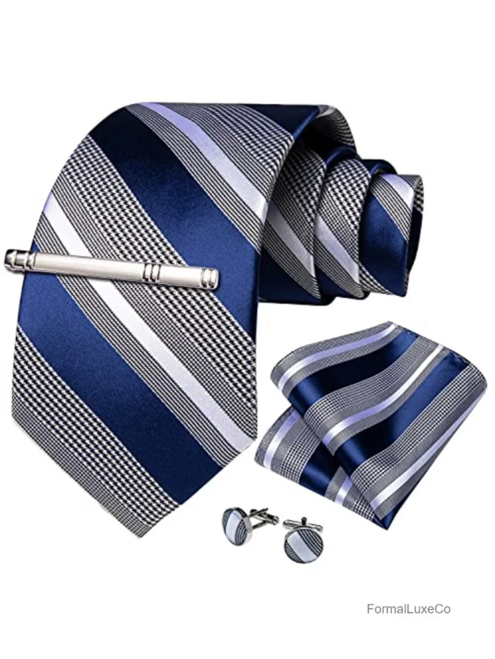 Silk Necktie & Pocket Square Set with Cufflinks & Tie Clip, Formal Wedding Gift